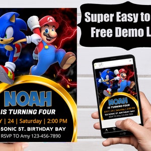 Super Mario Sonic Invitation, Super Hedgehog Kids Party E-invite, Hedgehog Thunder, Birthday Digital Invitation for Boy