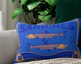 Sardines throw pillow, trendy tinned fish home decor, fish tin pillow gift, fisherman aesthetic home decor, fish theme living room pillow