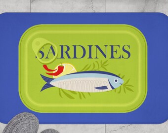 Alfombra de baño con sardinas, divertida decoración de baño con temática náutica, accesorio costero para el hogar, regalo para amantes de los mariscos, alfombra única.