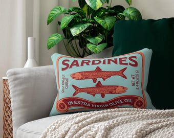 Vintage Sardine Lumbar Pillow, tinned fish home decor, eclectic fisherman core house warming gift, trendy coastal beach house accents