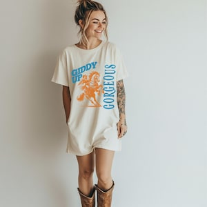 Giddy Up Gorgeous graphic tee, distressed cowgirl shirt, retro aesthetic ride or die tee, lets go girls tee, trendy western style apparel