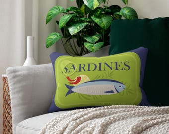 Funny Sardines Lumbar Pillow, Nautical home Decor, Fisherman aesthetic home accent, trendy tinned fish house warming gift, maritime living