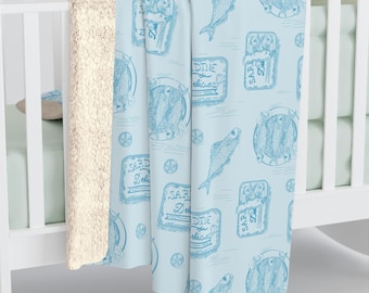 Sardines blanket, Toile de Jouy nursery decor, fisherman core home accent, baby shower gift, tinned fish nursing blanket, maritime living