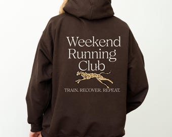 Weekend Running Club Hoodie, back print leopard sweatshirt, trendy runners apparel, marathon training, long run recovery, runner gift