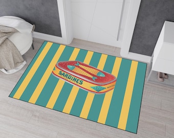 Funky colorful sardines rug, trendy tinned fish welcome mat, maritime living home decor, coastal style house warming gift, fisherman core
