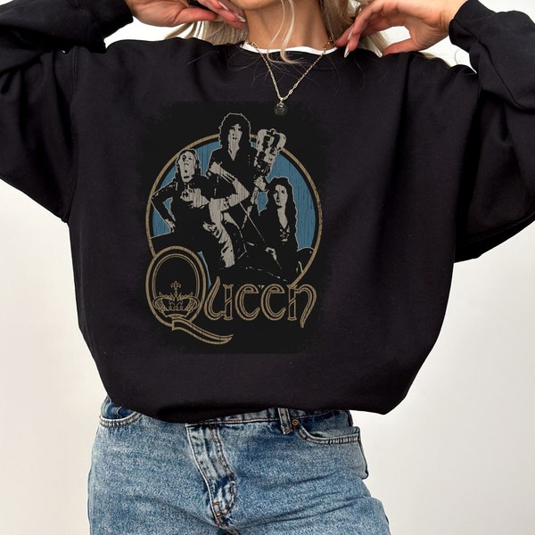 Retro koningin rockband shirt, vintage Freddie Mercury sweatshirt met ronde hals, nostalgische concerttourkleding, esthetisch muziekfestivalcadeau