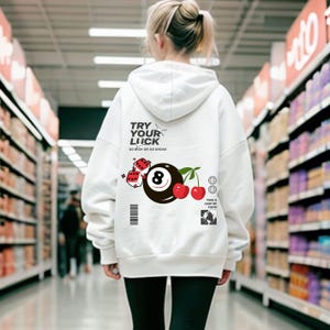 Bluza z kapturem Try your luck, bluza z kapturem 8 ball cherrys dice, modne ubrania karma, prezent na szczęście, odzież hipster 11:11 manifestation