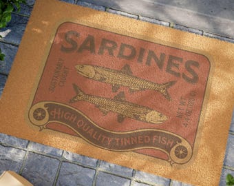 Sardines Can Label Doormat, vintage aesthetic tinned fish rug, trendy entryway mat, trending house warming gift, maritime living decor