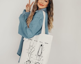 Vintage pointe shoe patent tote bag, trendy ballet dancer bag, balletcore aesthetic gift, retro ballerina reusable ecofriendly tote bag