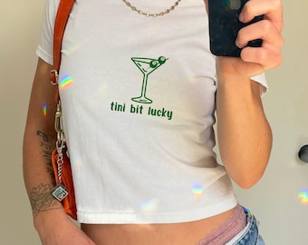 tini bit lucky baby tee, martini tshirt, 8 ball tee, st patricks day baby tee, st pattys day apparel, cocktail shirt, shamrocked, lucked up
