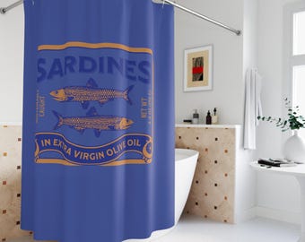 Vintage Sardines Shower Curtain, Nautical Home Decor, Tinned fish Bathroom Aesthetic, Unique Gift for Fish Lovers, fisherman core theme
