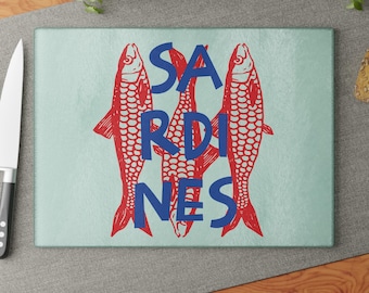Sardines glass cutting board, tinned fish kitchen decor, fisherman core house warming gift, maritime living home accent, les sardines