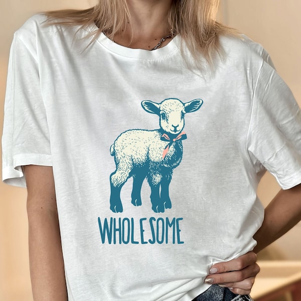 Gesundes Lamm-T-Shirt, süßes Rehkitz-T-Shirt, ästhetisches T-Shirt der Innenstadt von Mädchen, Cottagecore-Geschenk mit rosa Schleife, Naturecore, weiche Mädchen-Ära, süßes kokettes T-Shirt