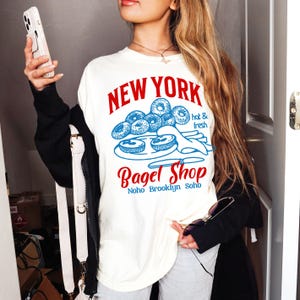Koszulka z grafiką Vintage New York Bagel Shop, koszula z Brooklynu, modna koszulka Noho, koszula Soho, odzież na brunch, koszulki grupowe na wycieczkę do Nowego Jorku