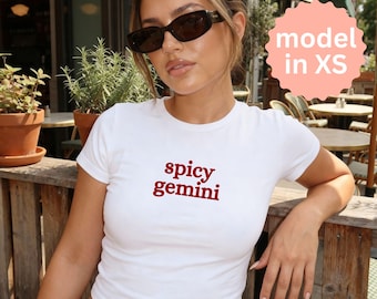 spicy gemini baby tee, y2k aesthetic zodiac sign crop top, trendy gift for her, air sign birthday party outfit, astrology horoscope shirt