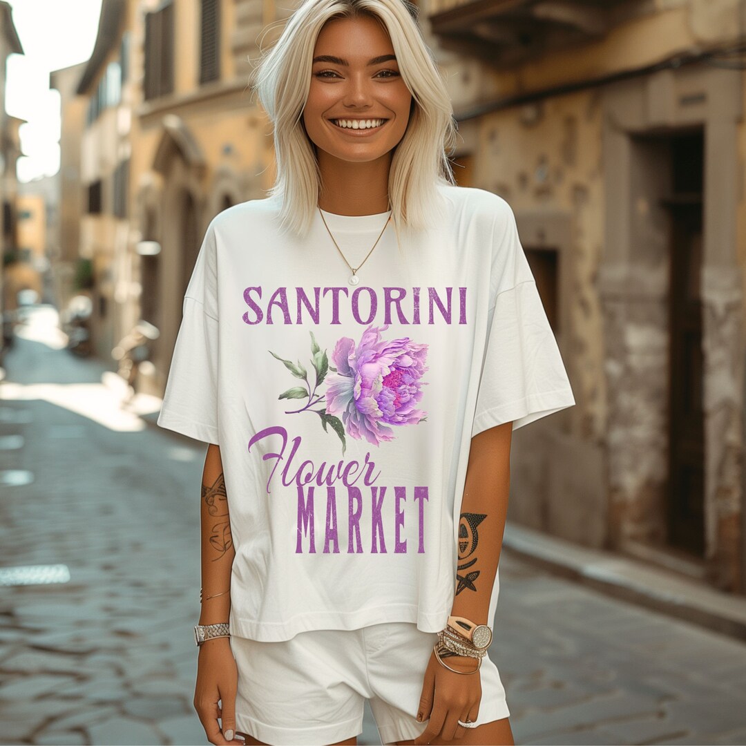 Santorini Graphic Tee, Vintage Wash Flower Market Tshirt, Trendy Greek ...