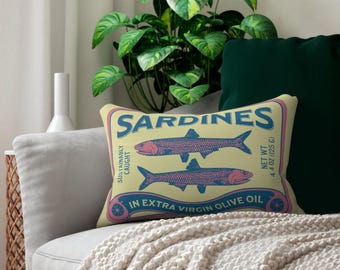 Sardine lumbar pillow, tinned fish home decor, fisherman core house warming gift, coastal beach house accents, fisherman core throw pillows
