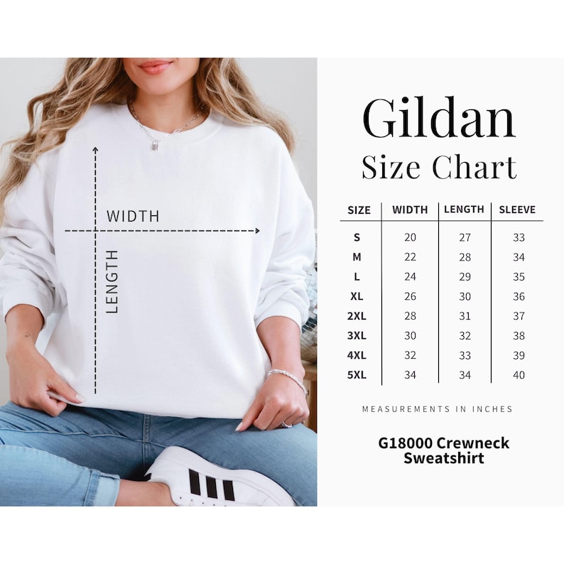 May include: White Gildan crewneck sweatshirt with a size chart. The chart shows measurements in inches for width, length, and sleeve length, ranging from size small to 5XL. The sweatshirt is G18000.