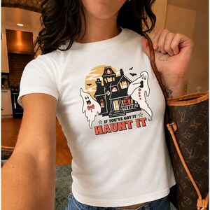 Haunt It Haunted House baby tee, Y2k aesthetic bats crop top, Spooky Halloween shirt, retro ghost creepy season, fall costume party outfit