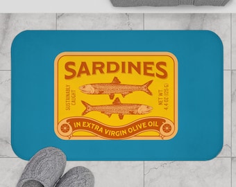 Funky sardinesbadmat, vintage visconservenhuisdecor, maritiem wonen entreetapijt, esthetisch housewarmingcadeau aan de kust, strandbungalow