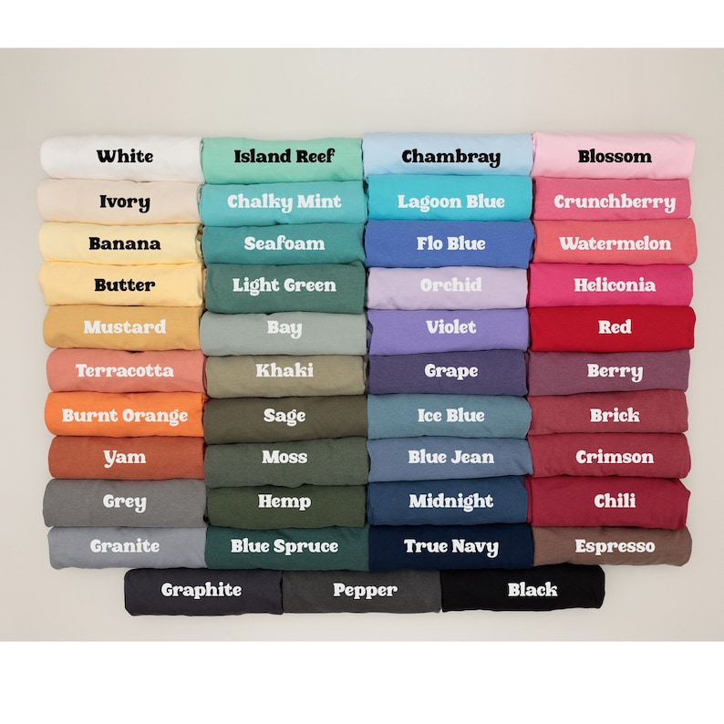 May include: A color chart of 36 different fabric swatches, each with a name printed below. The swatches are arranged in three columns of 12 swatches each. The colors range from white to black, with shades of blue, green, red, and brown.