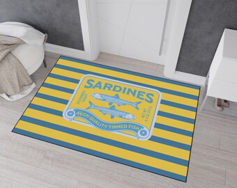 Sardines rug, funky colorful tinned fish welcome mat, maritime living home decor, fisherman aesthetic entryway rug, house warming gift