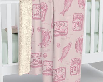 Sardines blanket, Toile de Jouy throw blanket, tinned fish home decor, french chateau nursery decor, unique baby shower gift, fisherman core