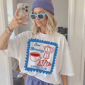 Coffee Club graphic tee, slow mornings shirt, espresso tee, coffee culture clothing, croissant shirt, hand drawn aesthetic brunch club shirt