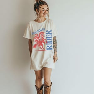 Shotgun rider graphic tee, distressed cowgirl shirt, ride or die tee, trendy western apparel, retro midwest clothing, rodeo darling tshirt