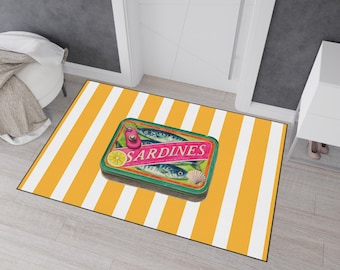 Sardine heavy duty rug, funky color tinned fish door mat, trendy maritime living home decor, fisherman core aesthetic house warming gift
