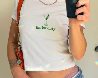 tini bit dirty baby tee, dirty martini crop top, st patricks day party girl outfit, sorority party, lucky girl shirt, pinterest girly tee