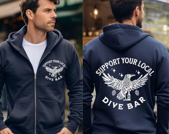 Steun je lokale duikbar-hoodie, trendy sweater met ritssluiting voor overdag, cadeau bierliefhebber, retro esthetische alcoholkleding, barmancadeau