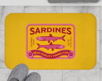 Alfombra de baño con sardinas de colores, decoración de baño con pescado enlatado, regalo de inauguración de la casa, alfombra con estética de pescador, estilo marítimo.