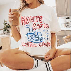 モンテカルロ コーヒー クラブ シャツ、流行のエスプレッソ クラブ T シャツ、レトロな美的コーヒー カルチャー シャツ、コーヒー愛好家へのギフト、ヨーロッパ旅行 T シャツ