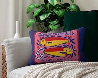 Colorful Sardine Lumbar Pillow, Nautical Home Decor, trendy Tinned fish throw pillow, coastal style home accessories, fisherman core gift