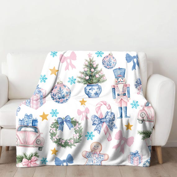 Pretty Chinoiserie Christmas blanket, preppy aesthetic nutcracker ballet home decor, Delicate Christmas home decor, cozy winter blanket gift