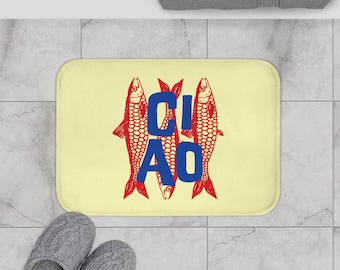 Alfombra de baño Ciao, decoración de baño con sardinas, regalo con estética de pescador, decoración de pescado enlatado para el hogar, accesorio para casa de playa con temática náutica