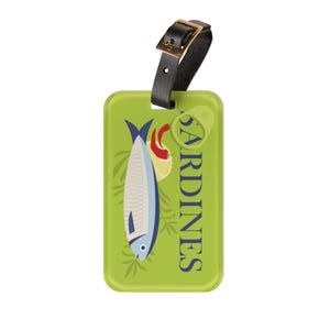 Vintage Sardines Luggage Tag, les sardines Travel Accessory, Unique Baggage Label, Perfect for Vacation, Funky Design for Fish Lovers