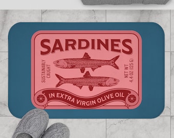 Vintage Sardines bath mat, tinned fish bathroom accent, fisherman core home accessories, trendy house warming gift, maritime living decor