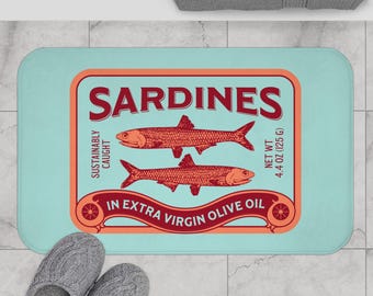 Alfombra de baño vintage con sardinas, decoración náutica para el baño, accesorio costero de pescado enlatado, alfombra con diseño de pescador, regalo marinero de moda.