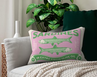 Sardine-Themed Lumbar Pillow, tinned fish home decor, trendy house warming gift, les sardines pillow, fisherman core gift, maritime living