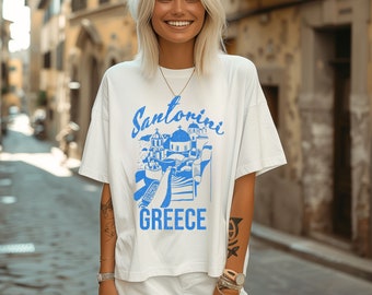 Distressed Santorini graphic tee, Vintage wash Greece tshirt, trendy summer clothing, aesthetic tee, preppy tee, trending gift, Coastal tee