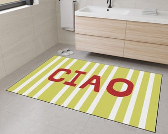Tapete resistente Ciao, felpudo de bienvenida moderno, alfombra de cocina de estética italiana, decoración italiana para el hogar, regalo moderno para inauguración de la casa.