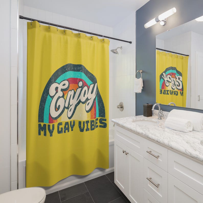 Enjoy My Gay Vibes Shower Curtain, Retro pride Rainbow Bathroom, trendy lesbian house warming gift, LGBTQ home decor, queer friend present image 4