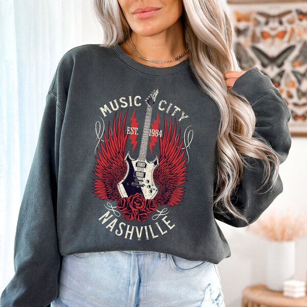 Distressed Nashville Tennessee sweatshirt, vintage wash comfort colors music city shirt, retro rock and roll gift, trendy grunge rocker chic