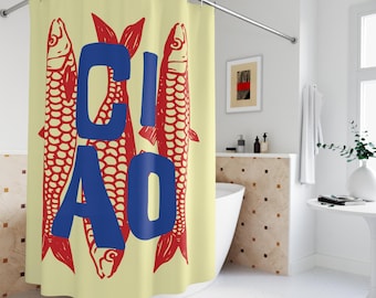 Ciao Sardines shower curtain, tinned fish bathroom accent, fisherman core house warming gift, trendy maritime living, nautical theme