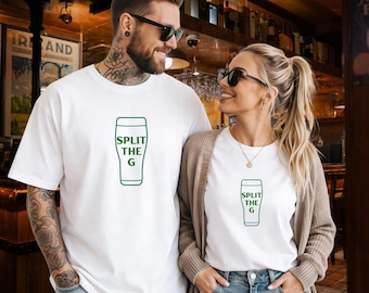 Split the G shirt, couples matching shirts, st patricks day party outfit, funny bar crawl group tees, trendy day drinking beer apparel