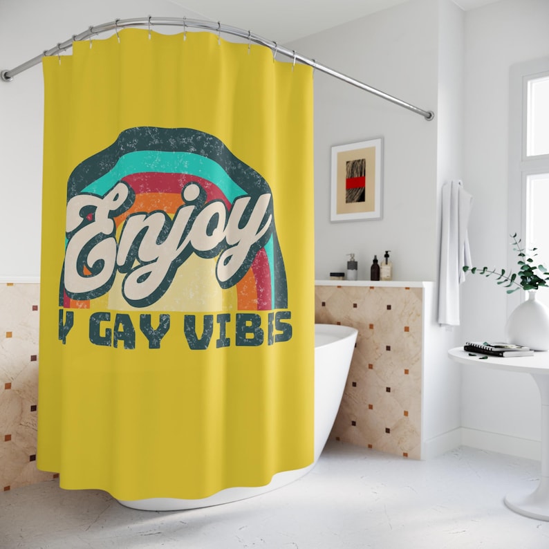 Enjoy My Gay Vibes Shower Curtain, Retro pride Rainbow Bathroom, trendy lesbian house warming gift, LGBTQ home decor, queer friend present image 1