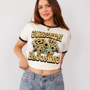 Currently Blooming graphic tee, retro sunflowers shirt, boho floral apparel, bohemian clothing, hippie style tee, trendy mental health gift