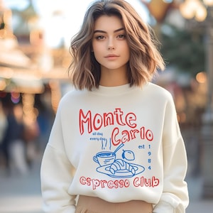 モンテカルロ スウェットシャツ、流行のエスプレッソ クラブ シャツ、コーヒーとクロワッサン シャツ、コーヒー カルチャー シャツ、コーヒー愛好家へのギフト、朝食クラブ